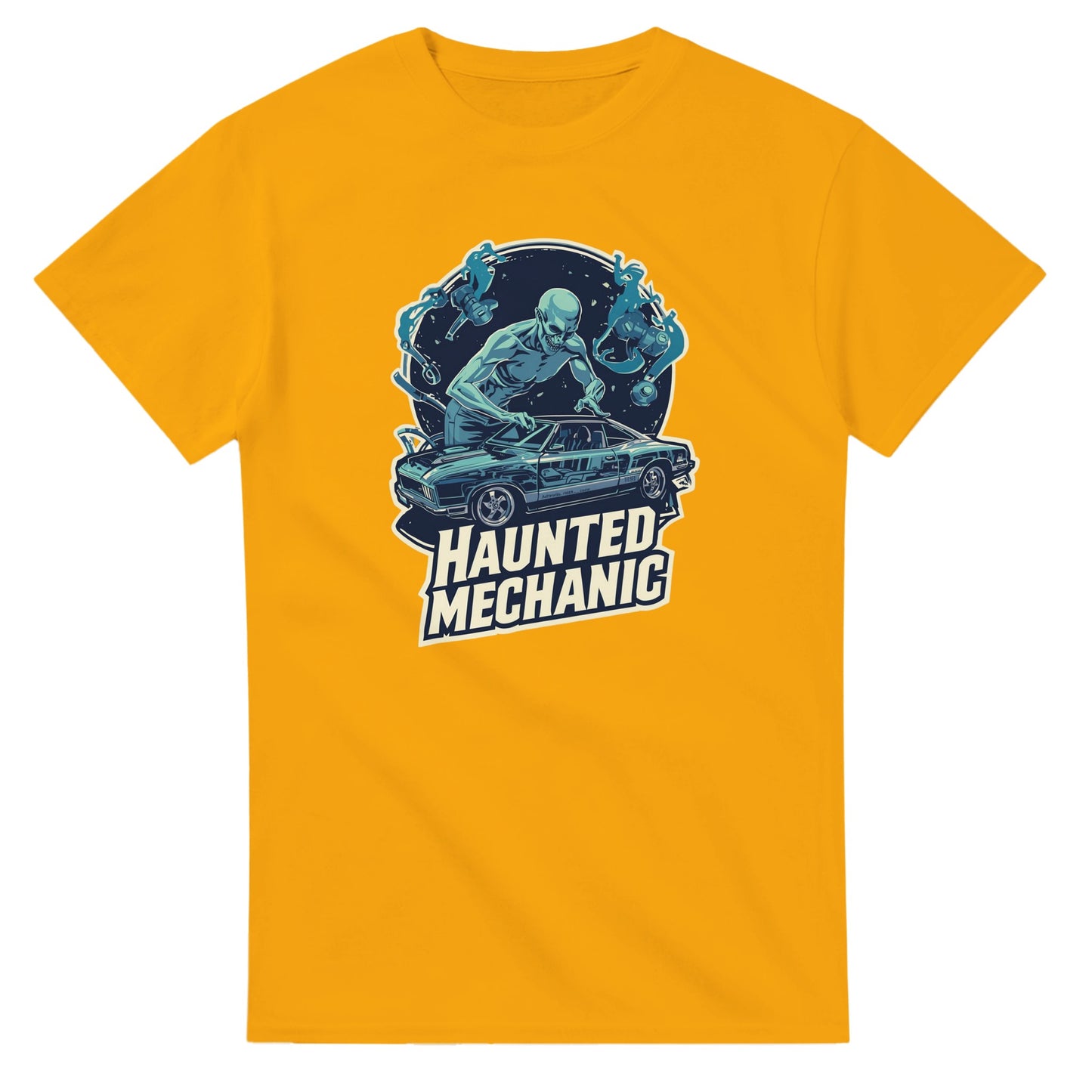 Haunted Mechanic graphic design on a Heavyweight T-shirt