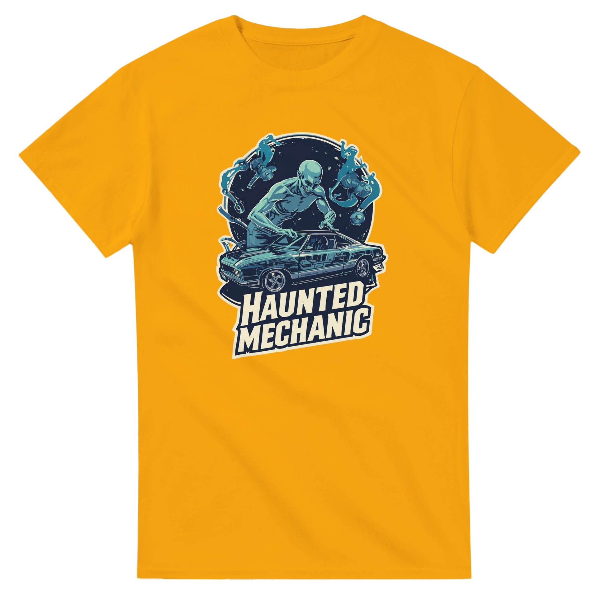 Haunted Mechanic graphic design on a Heavyweight T-shirt