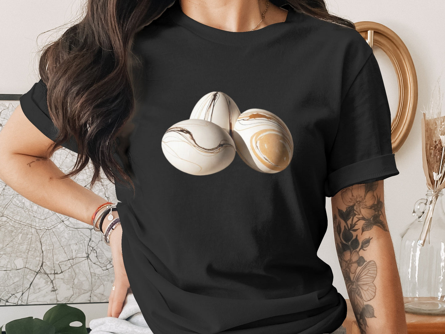 Black Tee Three Marbled Eggs Graphic Print product type
