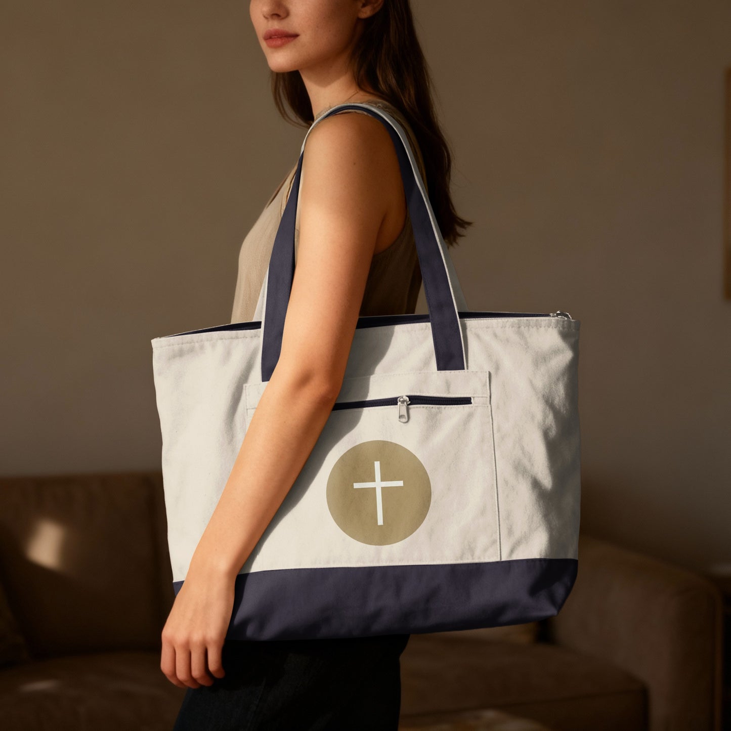 Beige Navy Zipper Pocket Gold Cross Design Tote bag