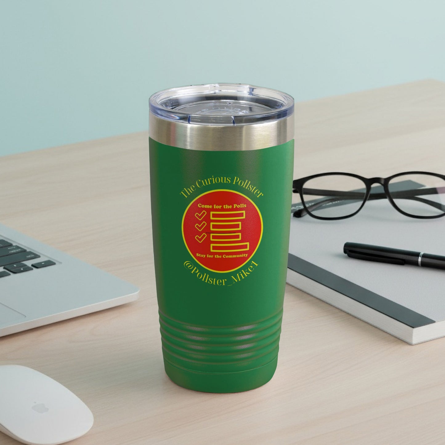 Green tumbler with yellow and red "The Curious Pollster" logo and text.