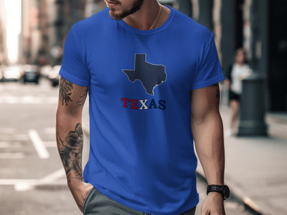 Blue t-shirt with Texas map outline and word "TEXAS".