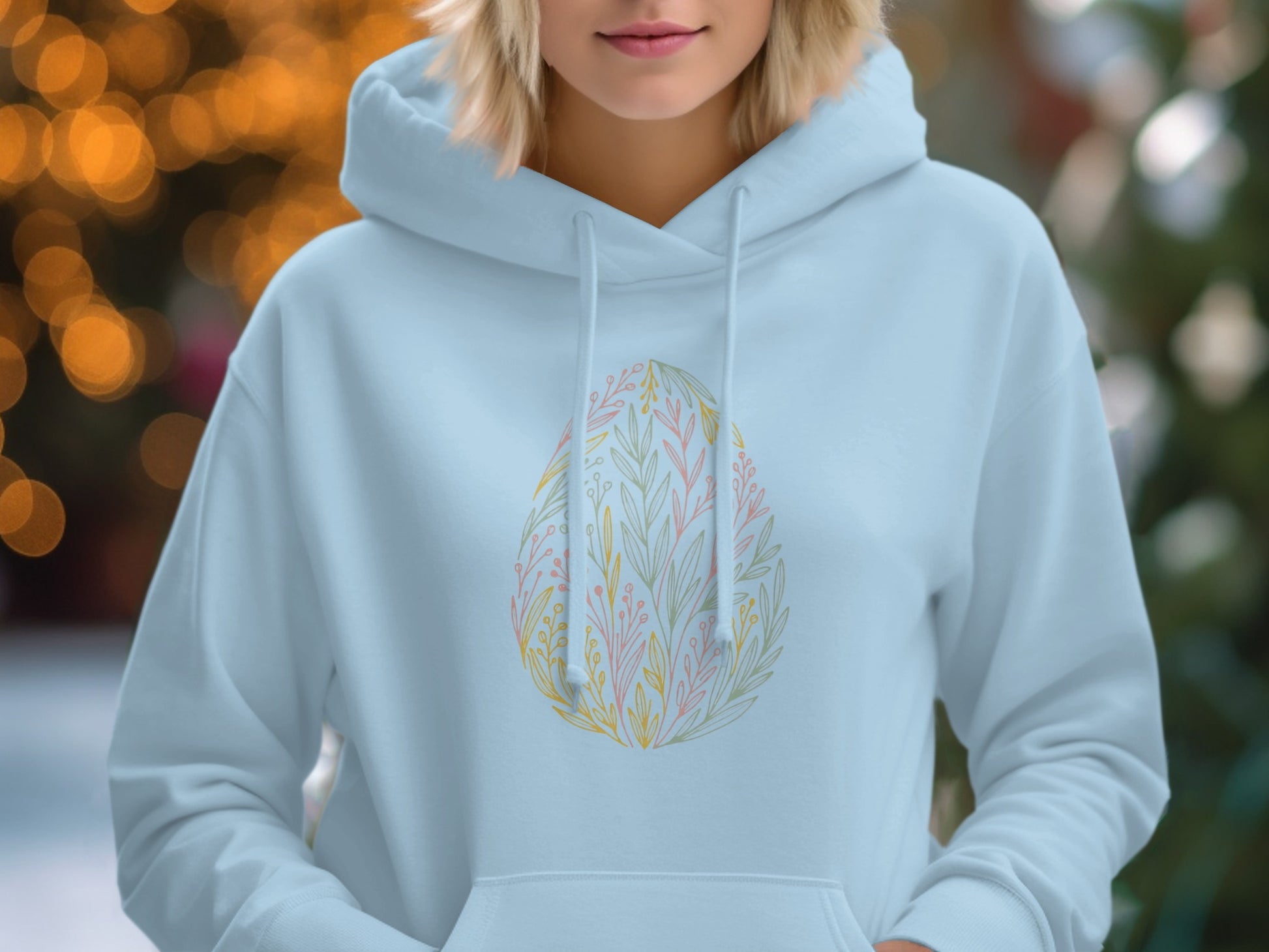 Pastel Leaf Design Hoodie with Drawstring Pockets