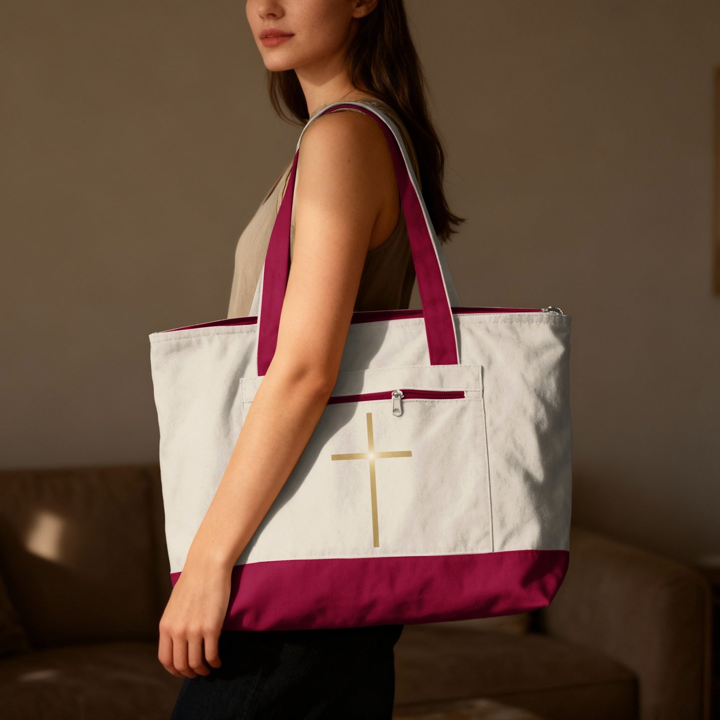 Cream Magenta Zipper Pocket Golden Cross Tote product type