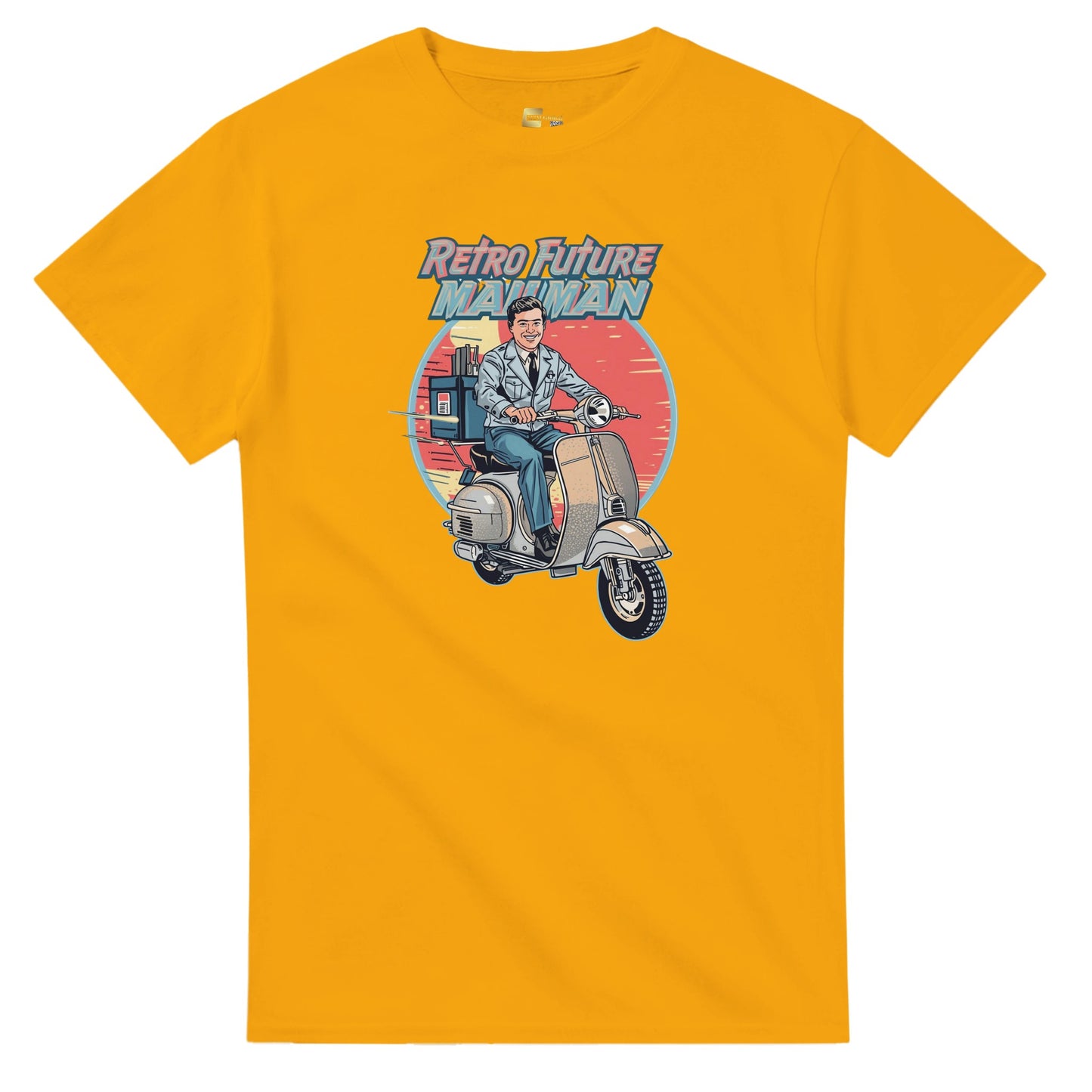 Man wearing a t-shirt with a retro design of a man on a scooter.