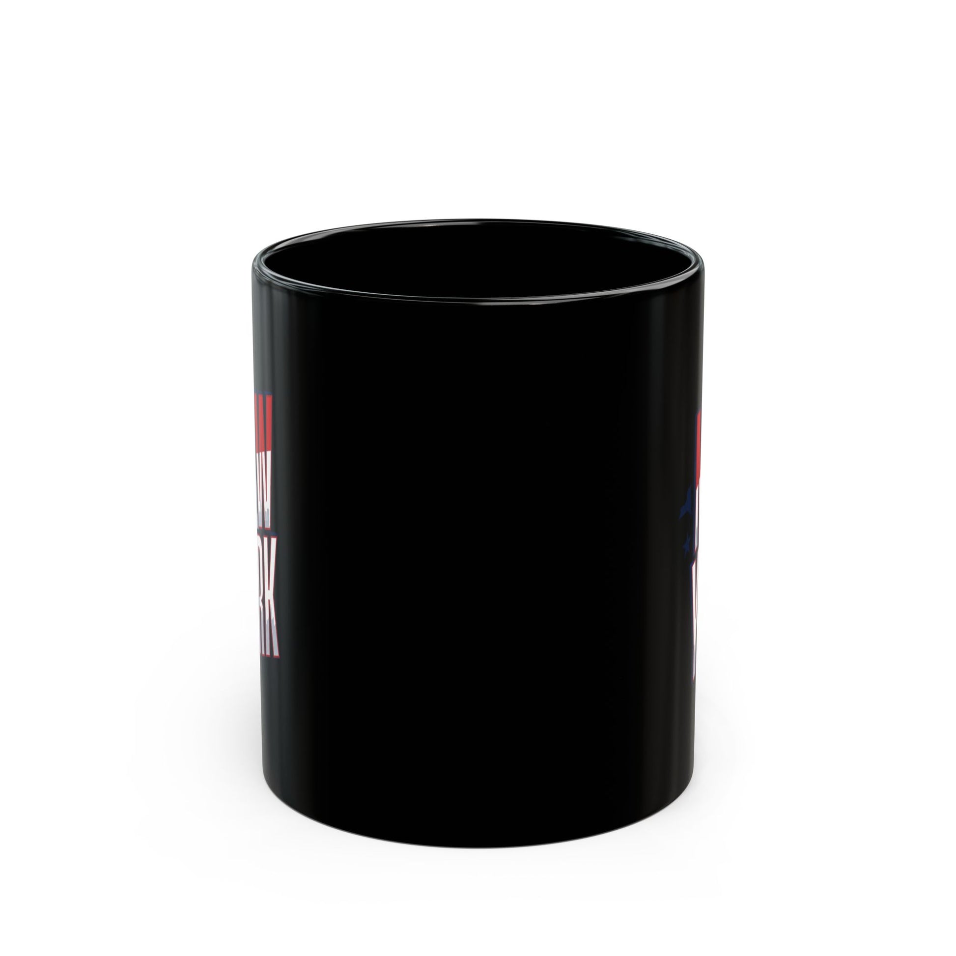 Black mug with "NEW YORK" text in red and blue.
