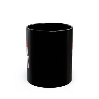 Black mug with "NEW YORK" text in red and blue.