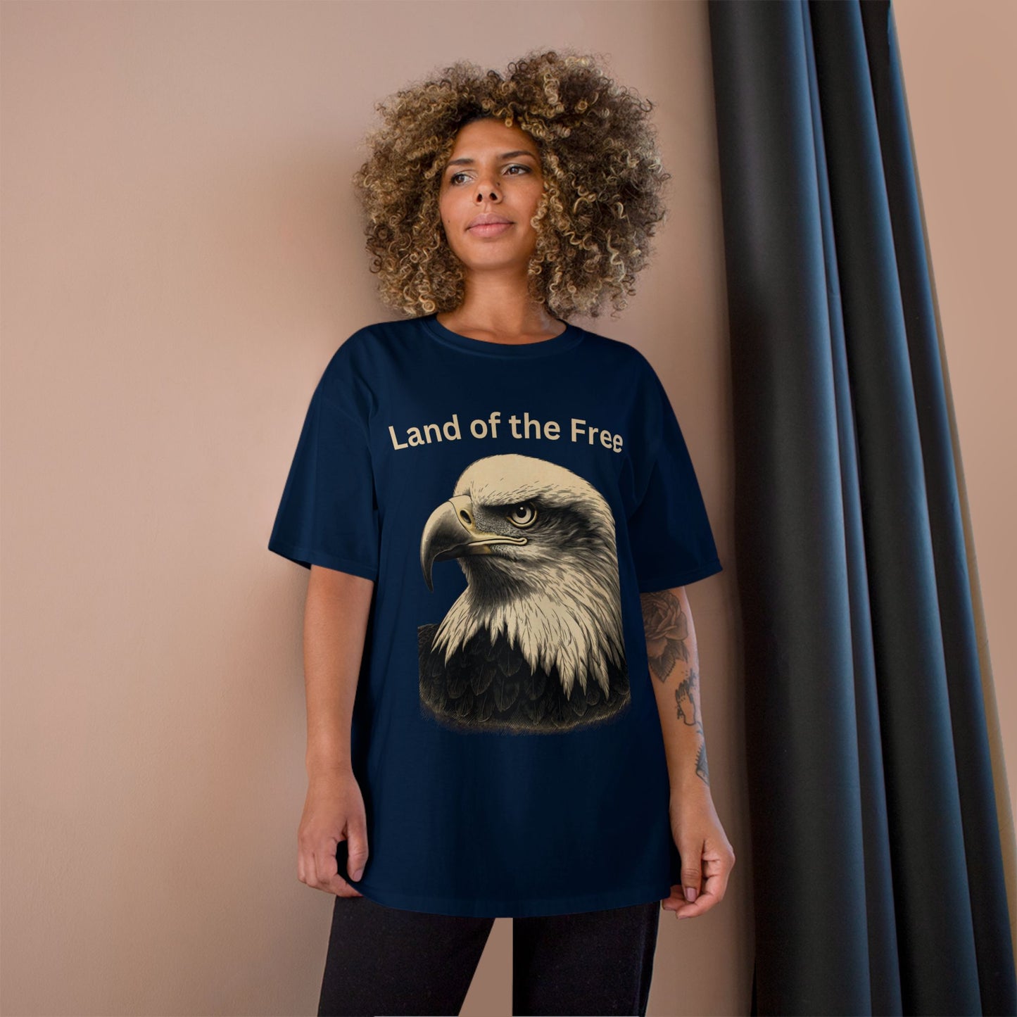 Engraved Eagle - Land of the Free - text on the top of a Champion Tee