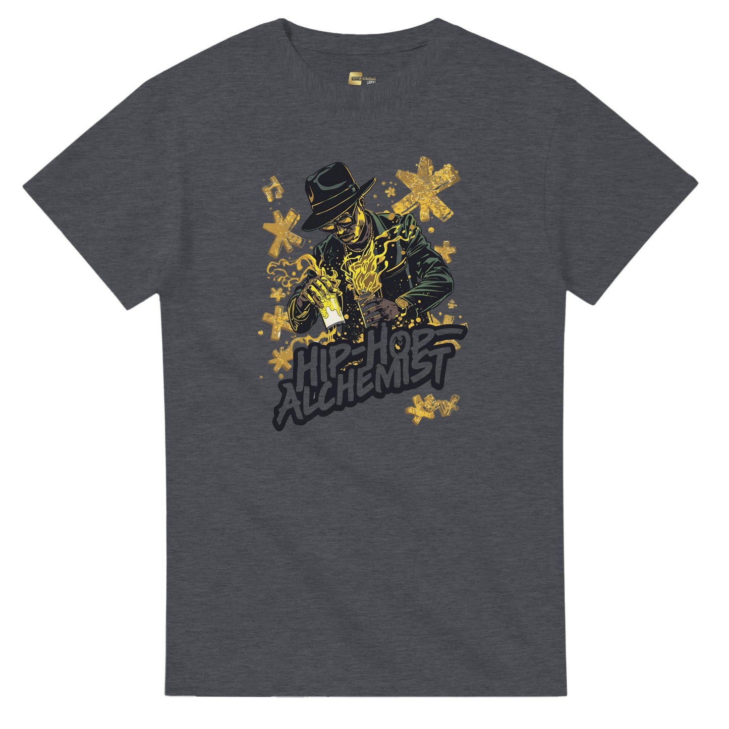 Man wearing a red t-shirt with a graphic design, holding shopping bags in a blurred indoor setting