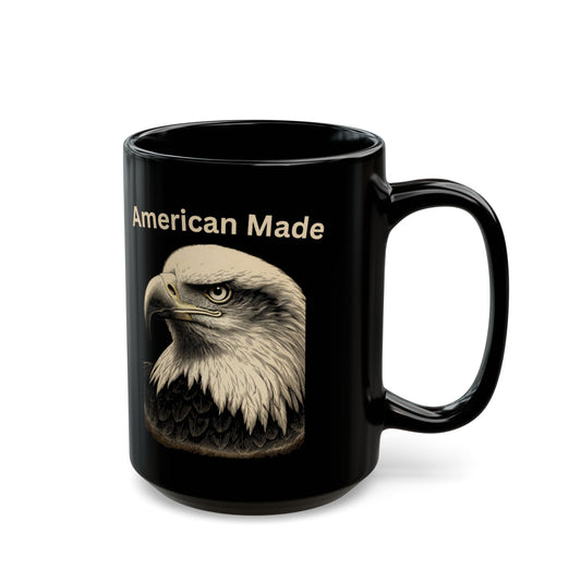 Black mug with an American bald eagle illustration and "American Made" text.