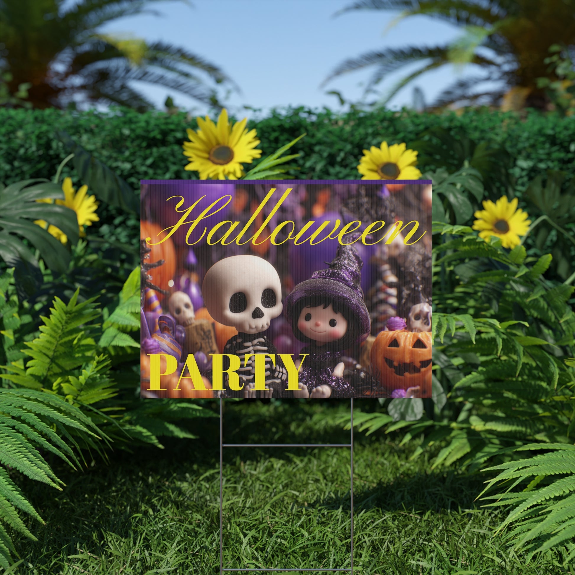 Halloween-themed party sign with cartoon characters on a grassy lawn
