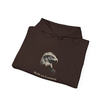 Built of Freedom text beneath an eagle head on a Pullover Hoodie