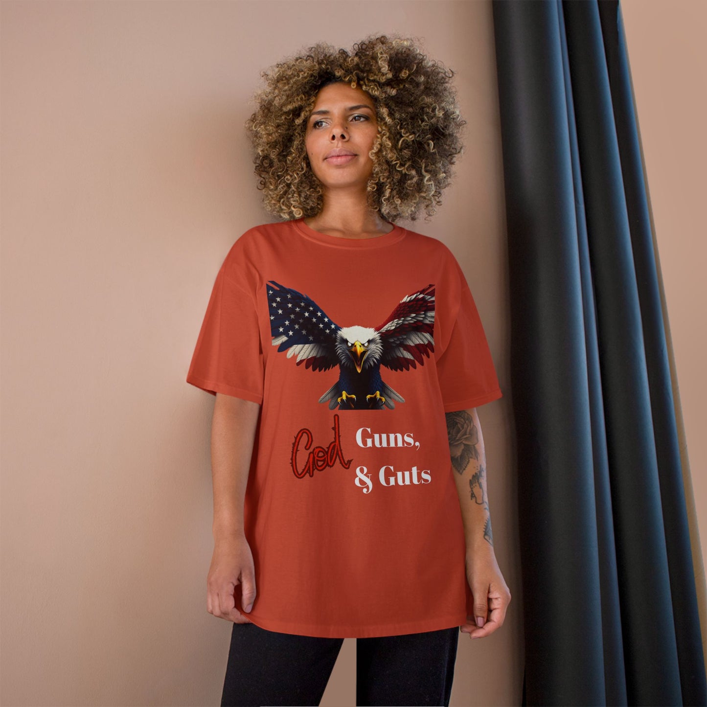 God Guns & Guts Patriotic Eagle on a Champion T-shirt