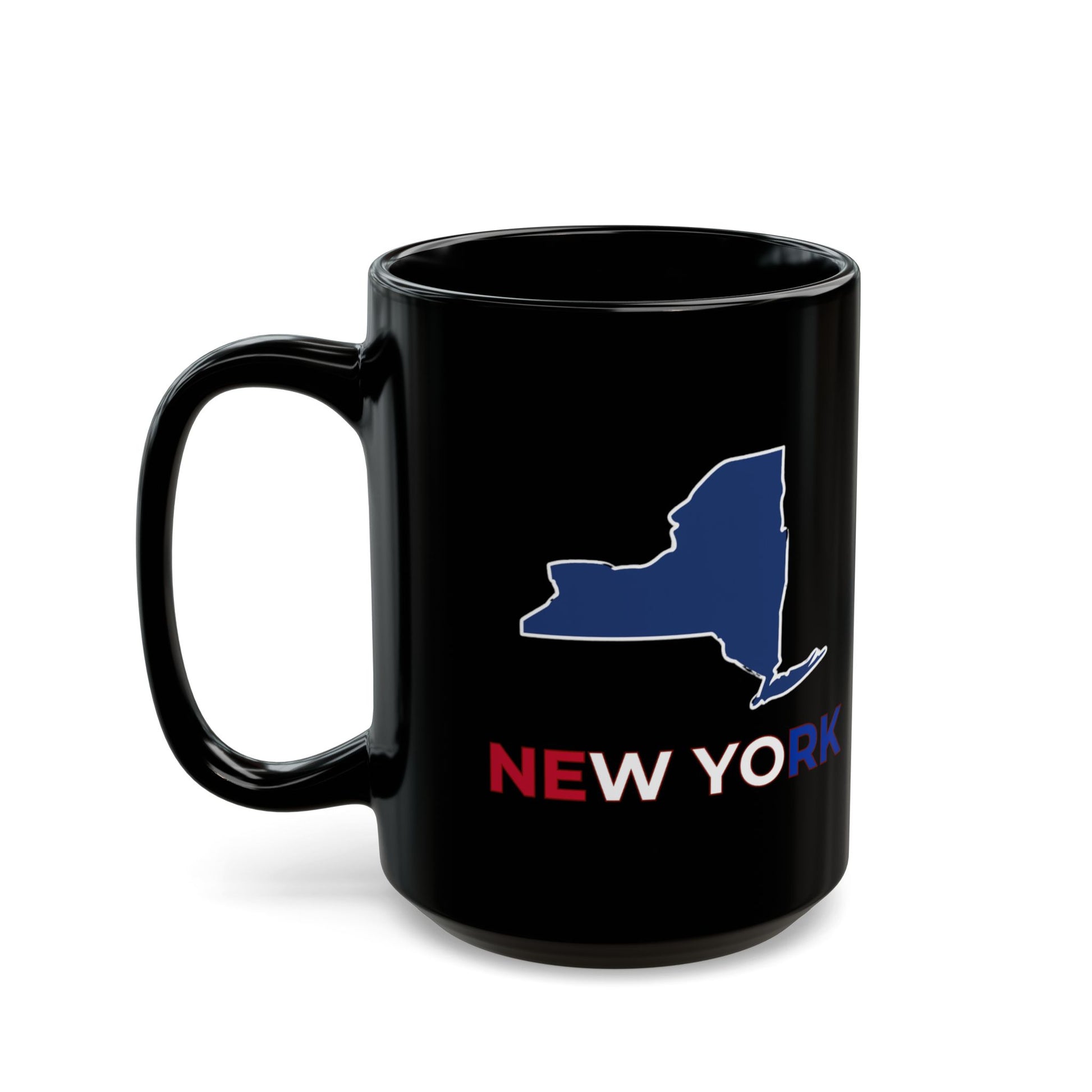 Black mug with New York state outline and text.