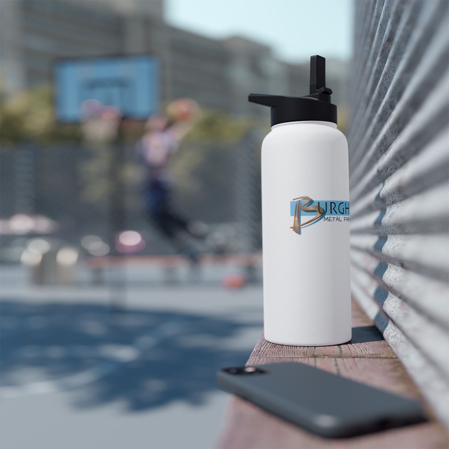 Burghardt Metal Fabricating, Inc., logo on a Stainless Steel Water Bottle