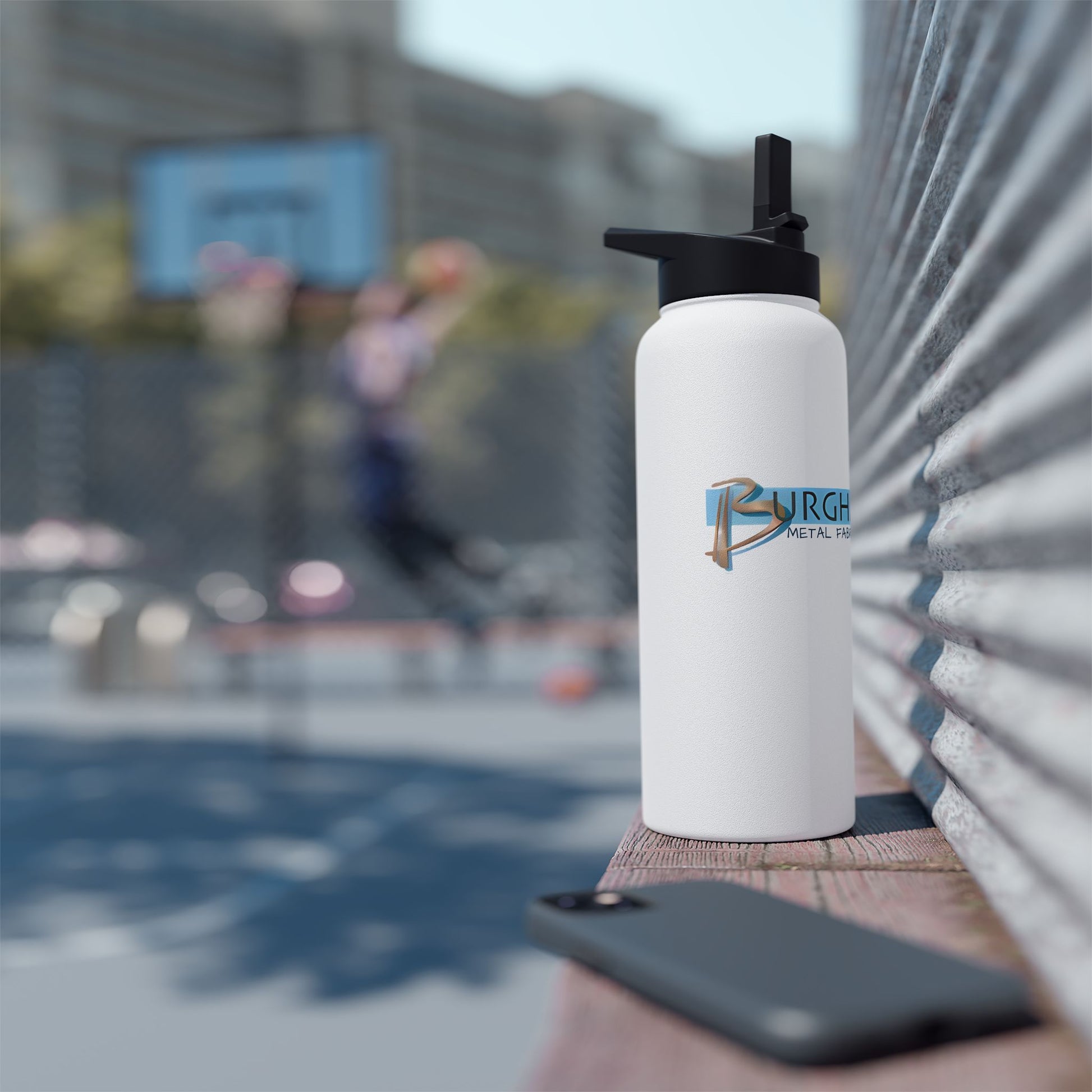 Burghardt Metal Fabricating, Inc., logo on a Stainless Steel Water Bottle