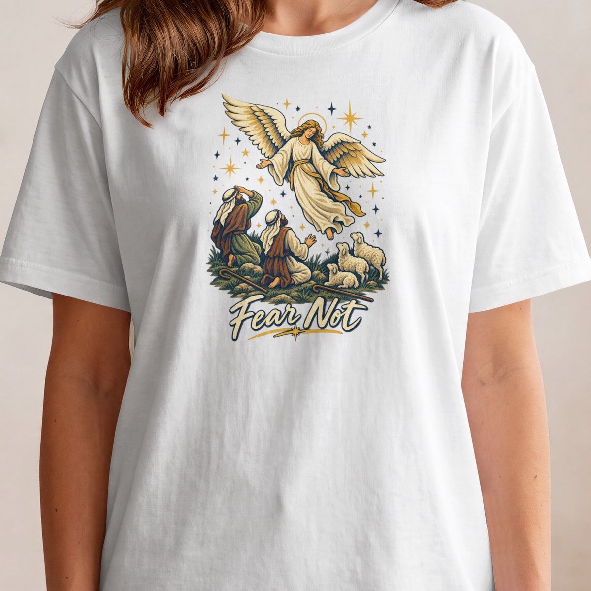 Angel descends to shepherds and sheep, with text "Fear Not".