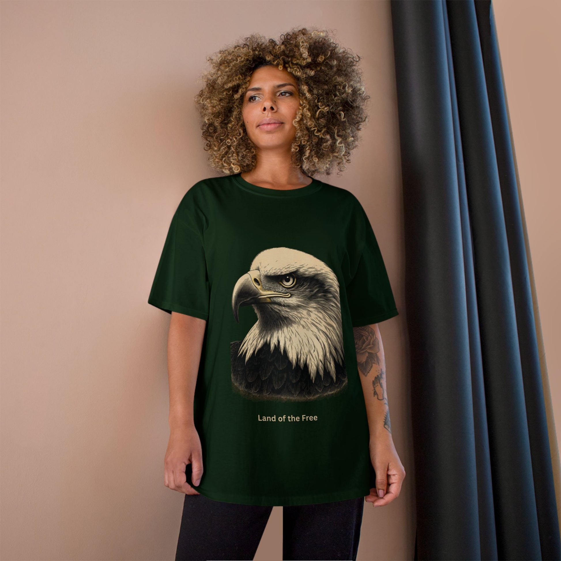 Engraved Eagle - Land of the Free - text on the muted of a Champion Tee