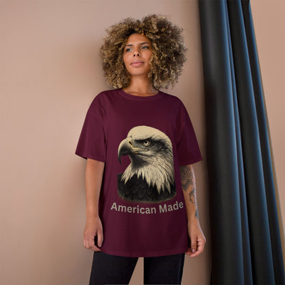 Engraved Eagle - American Made - text on the bottom of a Champion Tee