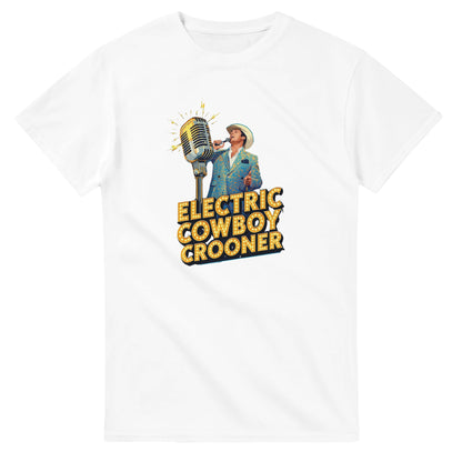 Person wearing a blue t-shirt with 'Electric Cowboy Crooner' design in a mall setting