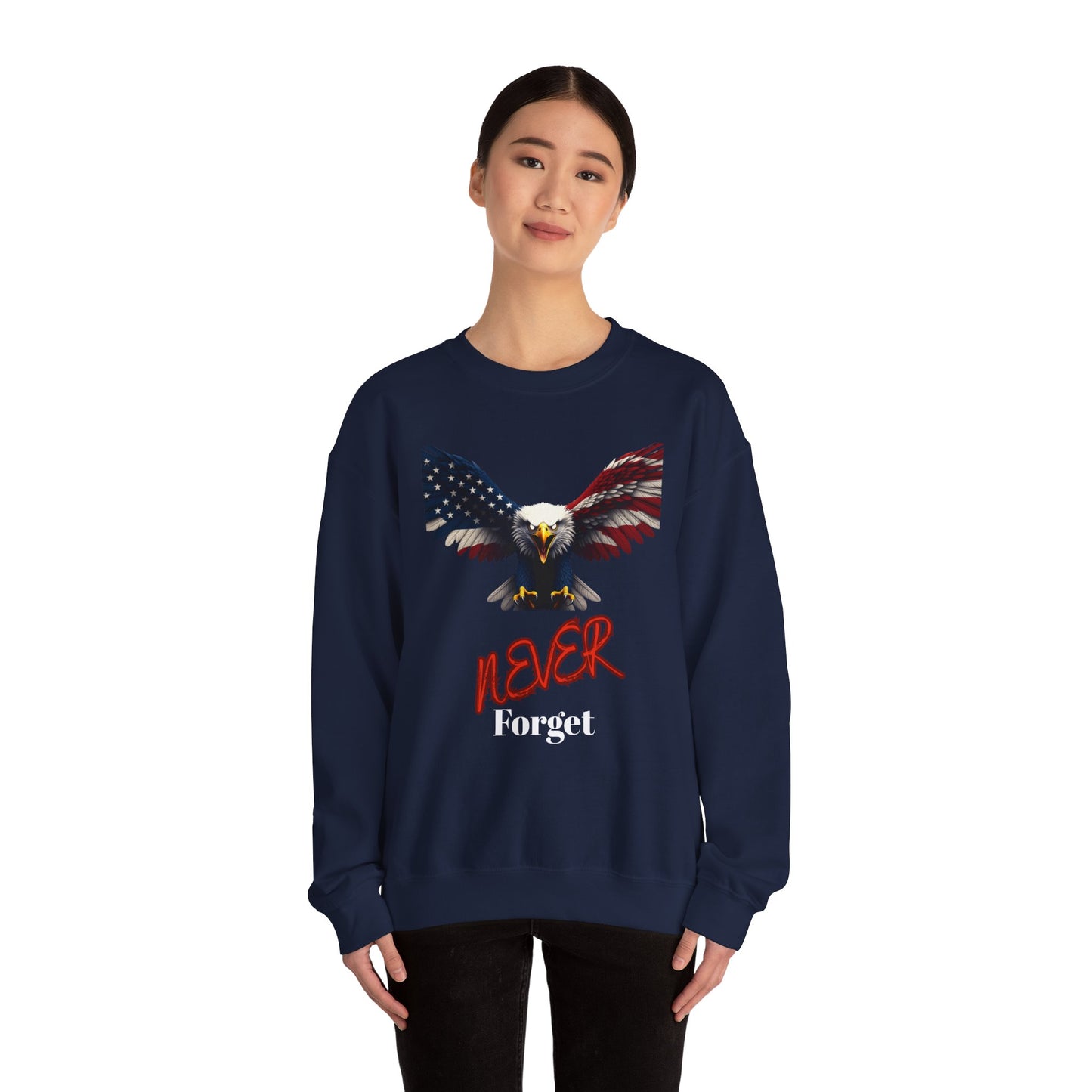 Never Forget Patriotic Eagle text on a Crewneck Sweatshirt