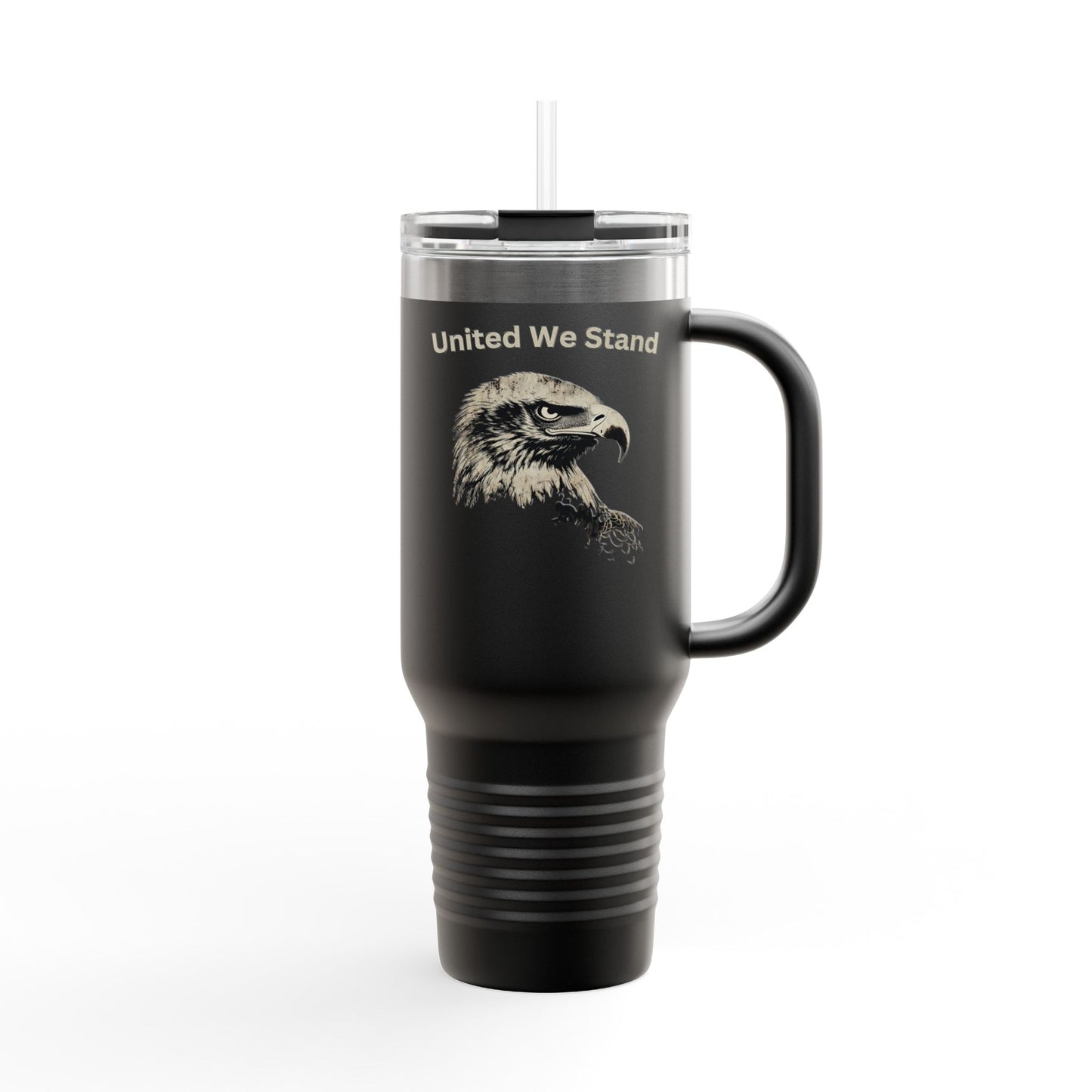 United We Stand text on the top of a  40oz Insulated Travel Mug