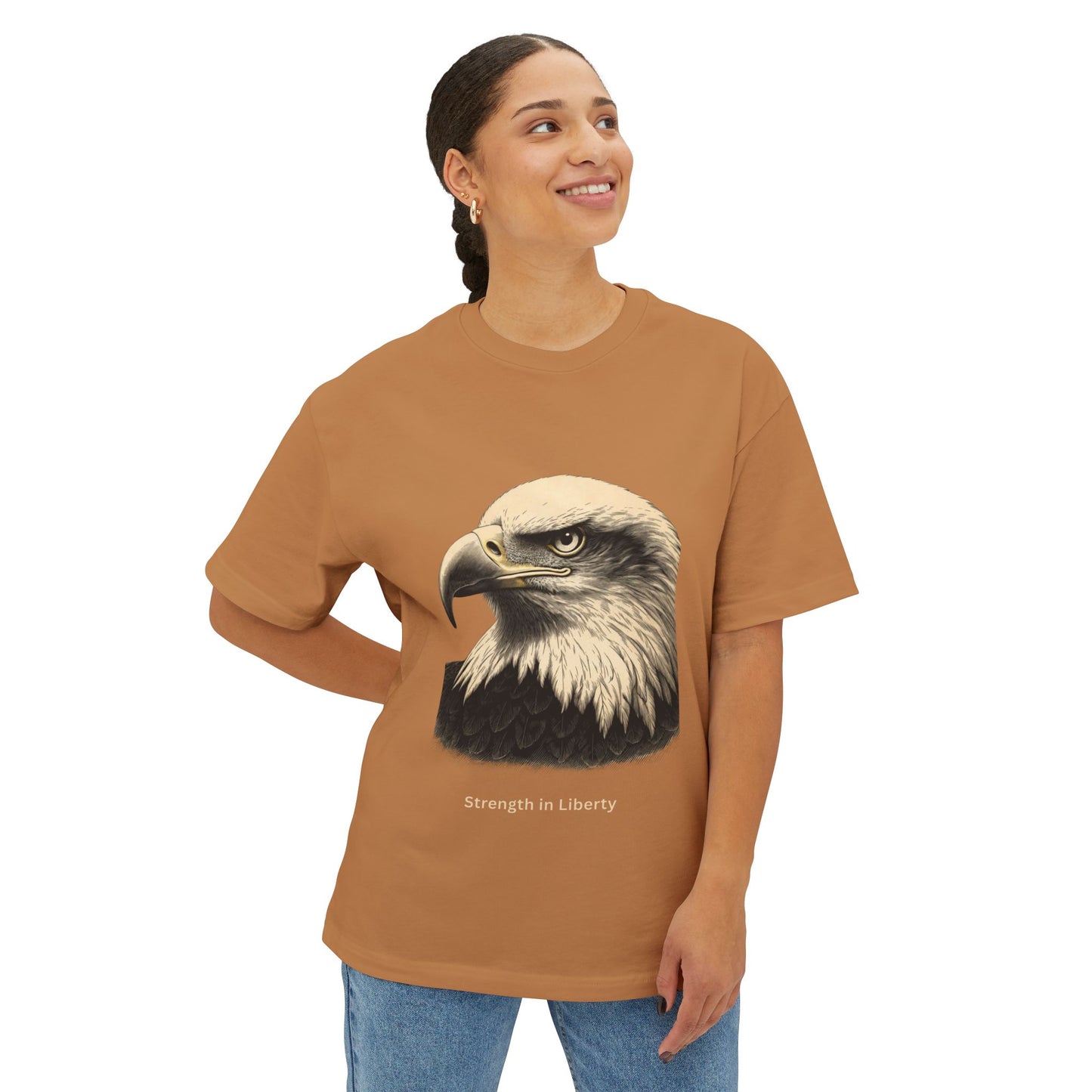 Engraved Eagle - Strength in Liberty text at the muted of a premium tee