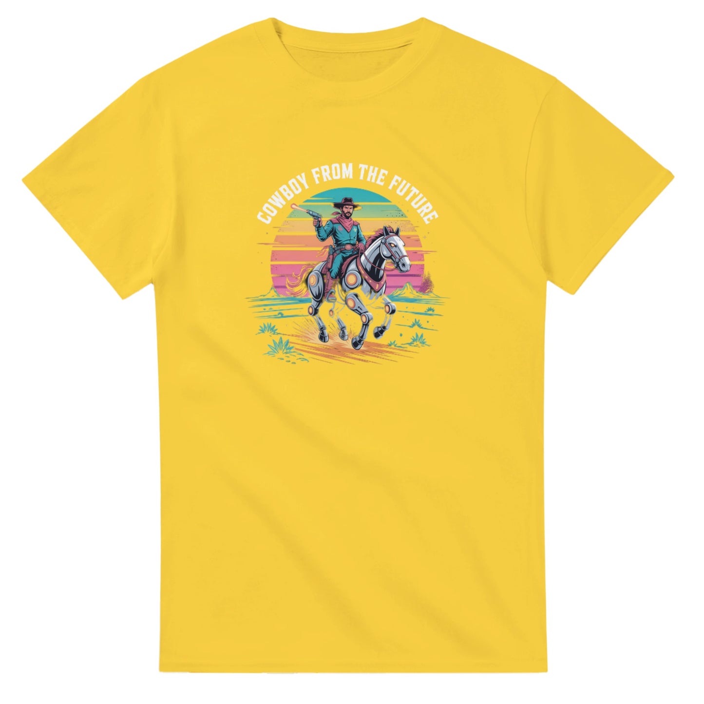 Retro-Futuristic Cowboy graphic design on a Heavyweight T-shirt