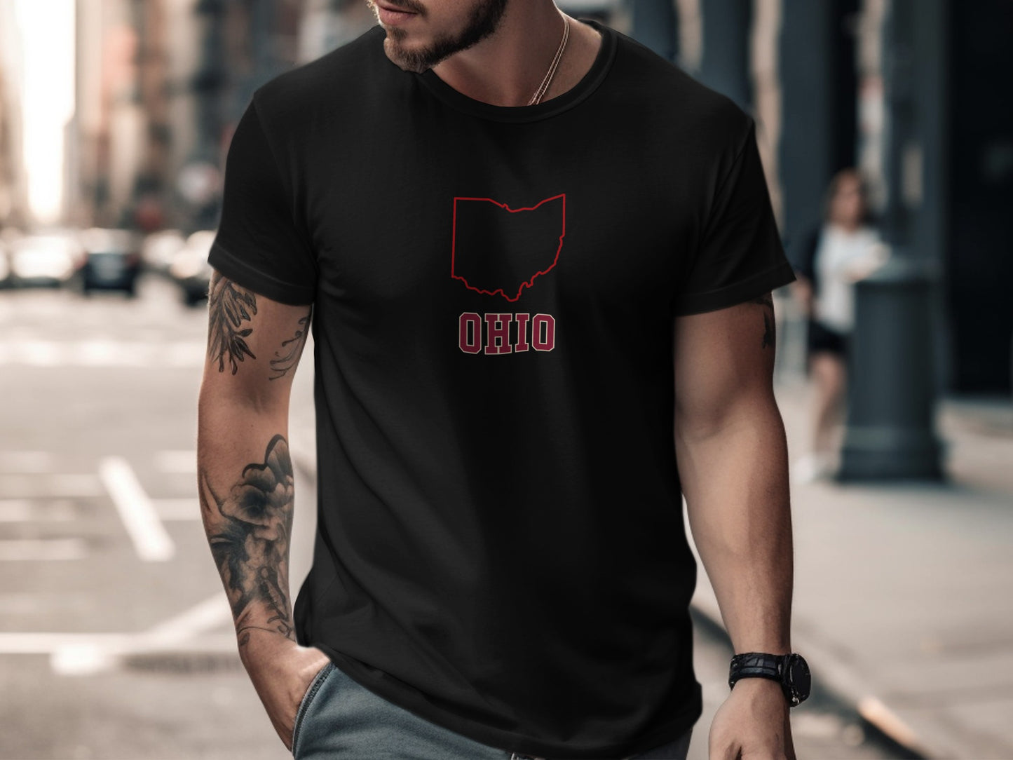 Black t-shirt with red Ohio outline and "OHIO" text.