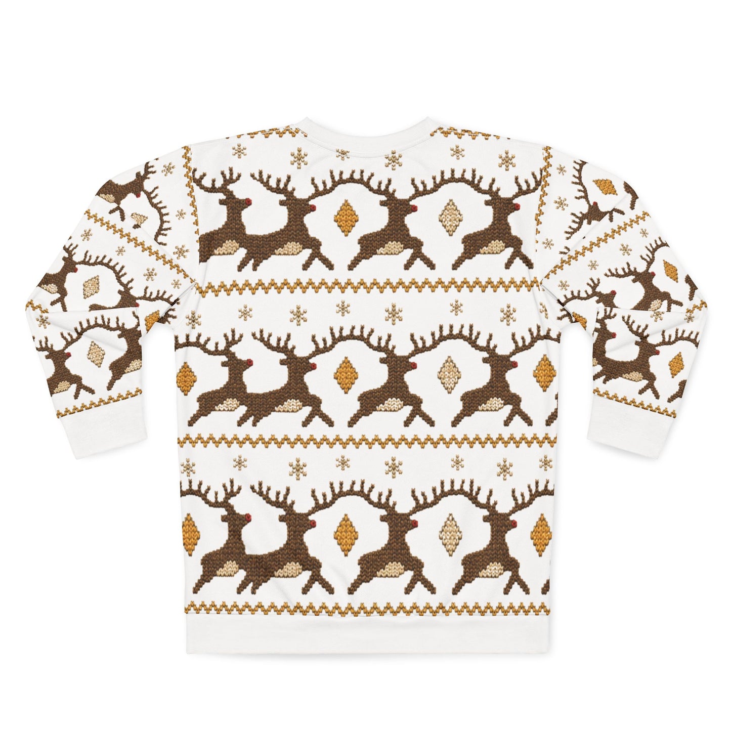White sweatshirt with repeating pattern of brown reindeer and snowflakes.