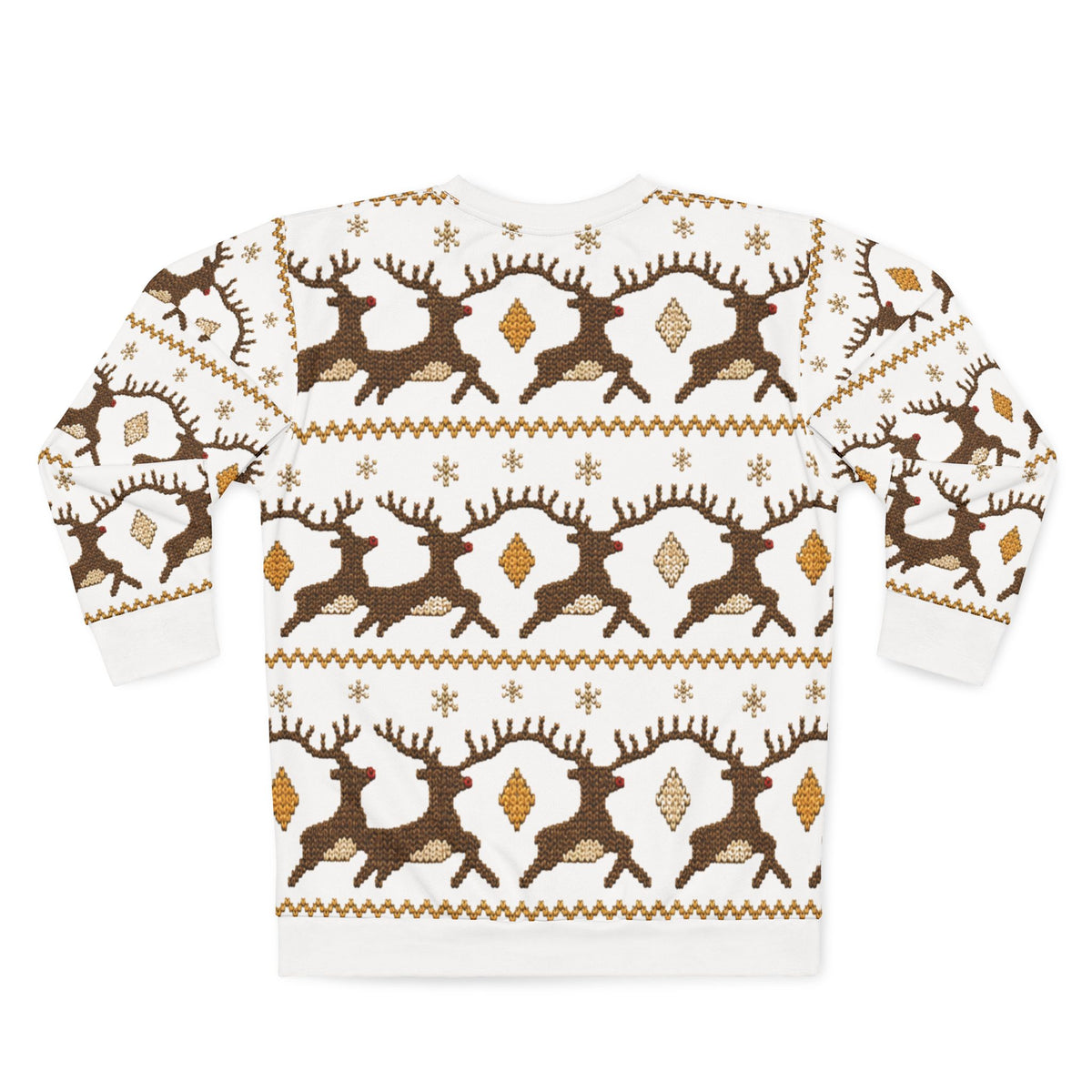 White sweatshirt with repeating pattern of brown reindeer and snowflakes.