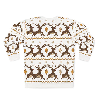 White sweatshirt with repeating pattern of brown reindeer and snowflakes.