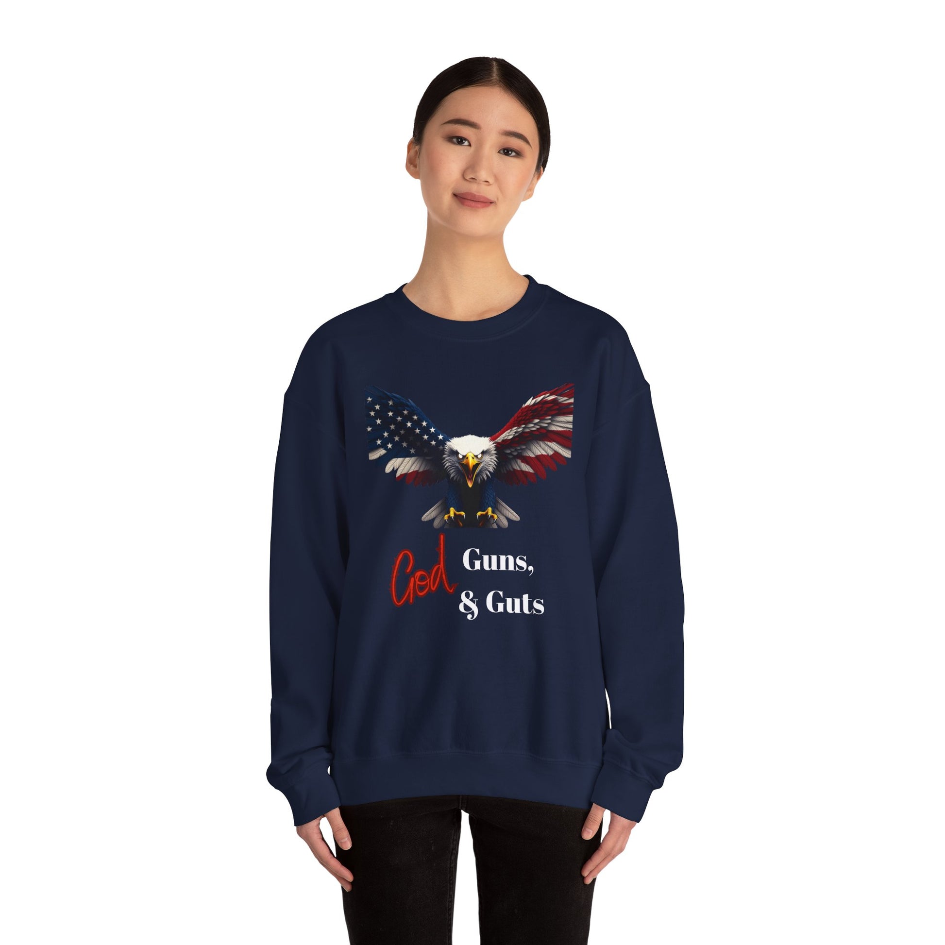 God Guns & Guts Patriotic Eagle text on a Crewneck Sweatshirt