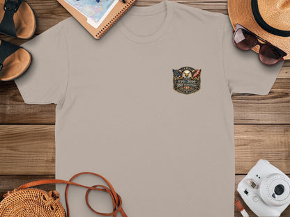 Tan t-shirt with "1776-2026 250 YEARS" American eagle emblem on chest.