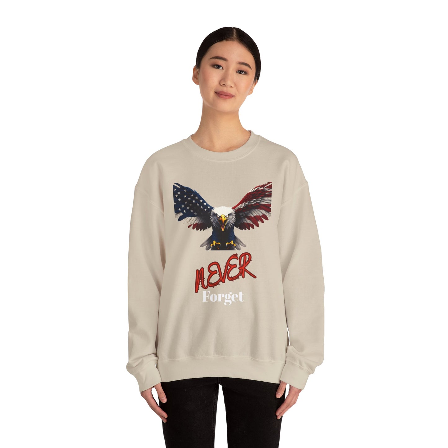 Never Forget Patriotic Eagle text on a Crewneck Sweatshirt