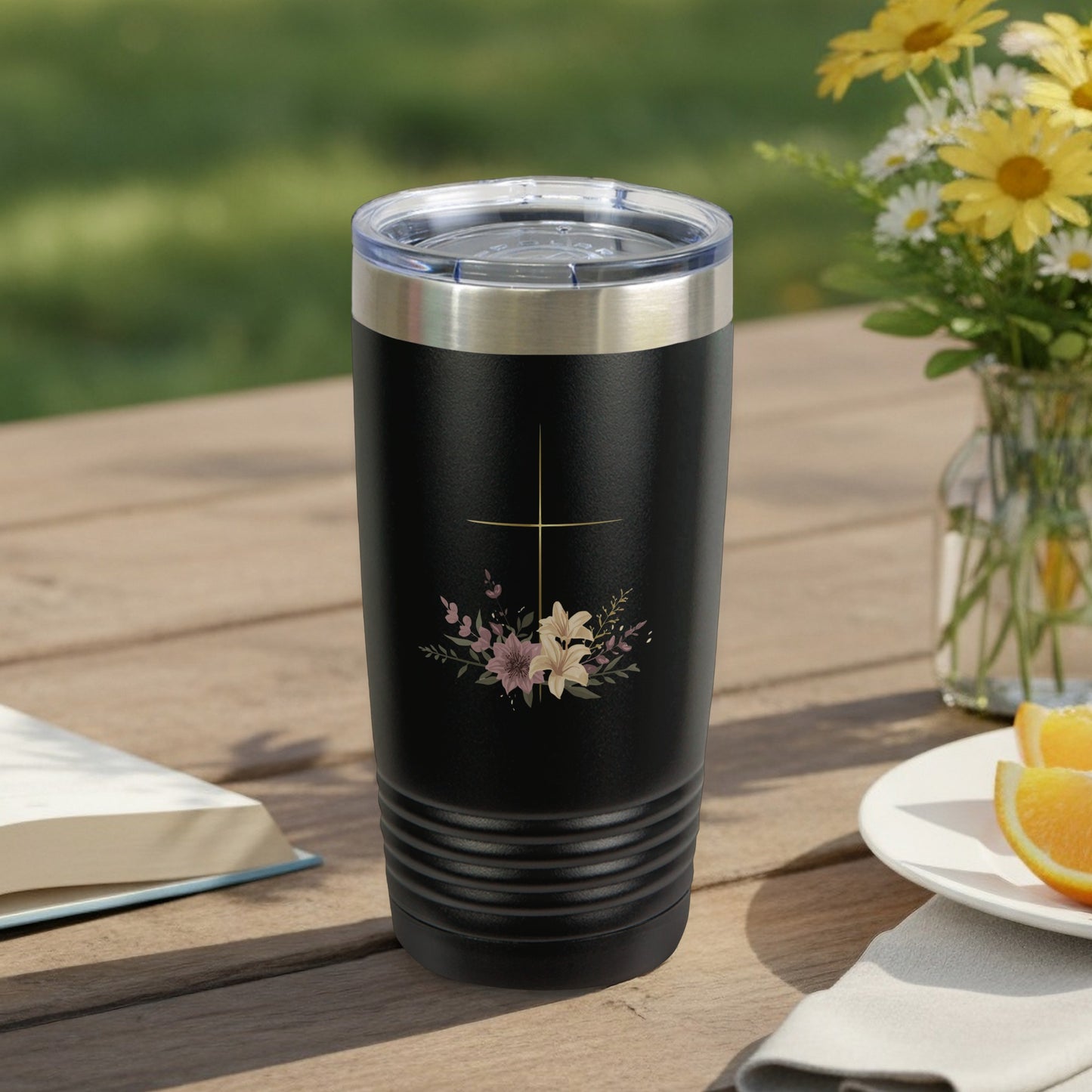 Black Tumbler Gold Cross Floral Arrangement Lilies product type