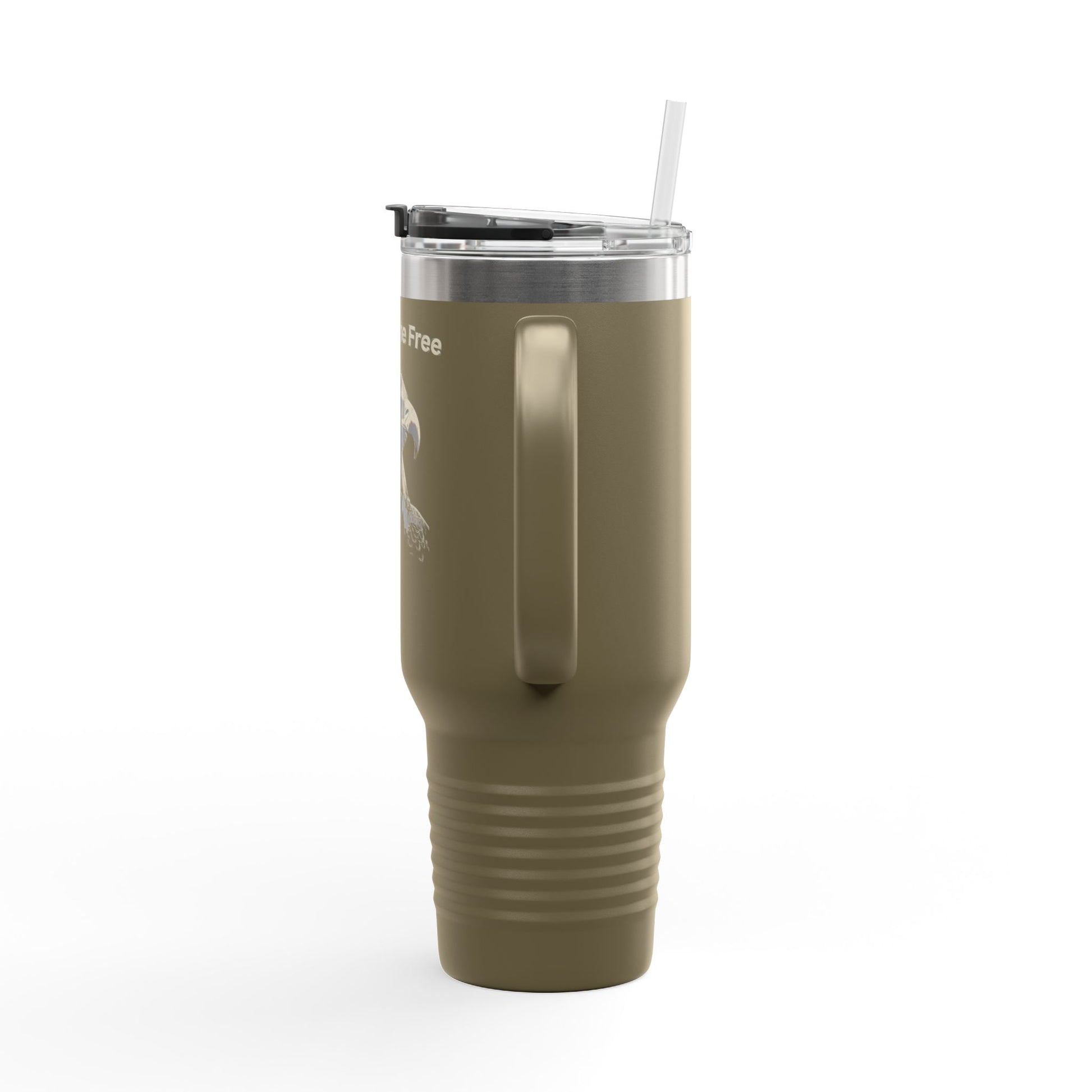 Land of the Free text on the top of a  40oz Insulated Travel Mug