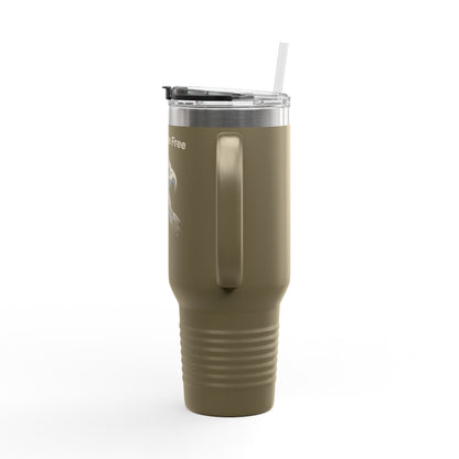 Land of the Free text on the top of a  40oz Insulated Travel Mug