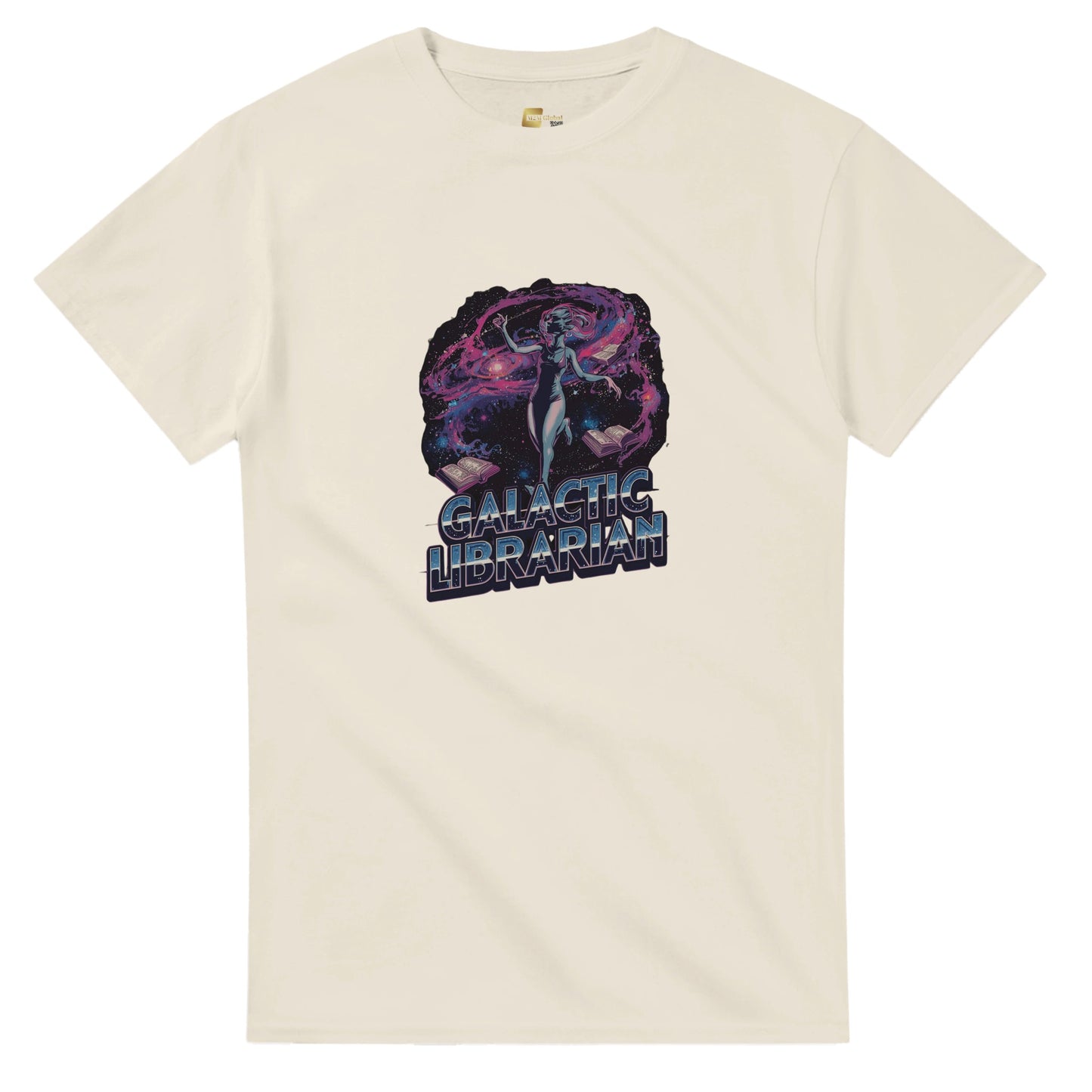 Woman wearing a red t-shirt with a graphic design, holding shopping bags in a mall.