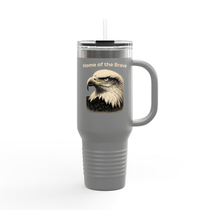 Home of the Brave text on the top of a  40oz Insulated Travel Mug