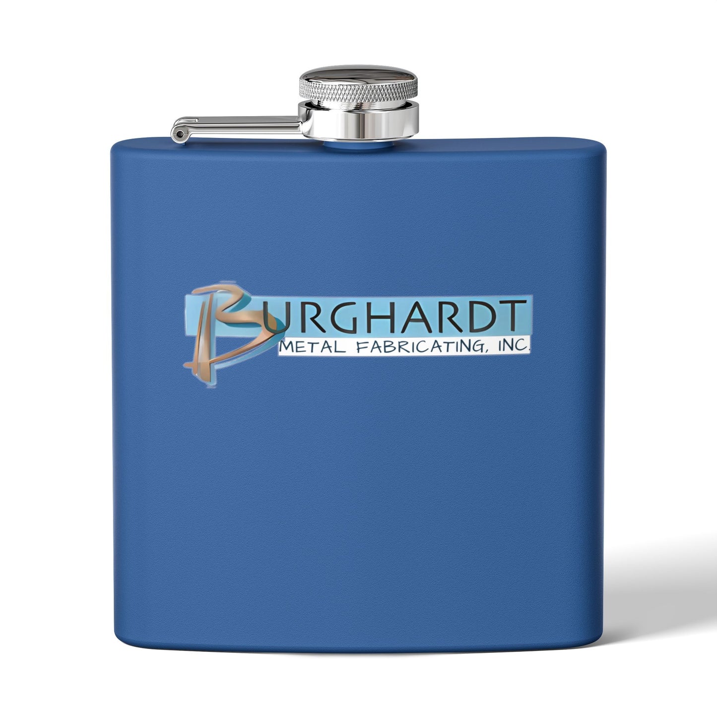 Burghardt Metal Fabricating, Inc., logo on a 6oz Stainless Steel Flask
