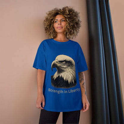 Engraved Eagle - Strength in Liberty - text on the bottom of a Champion Tee