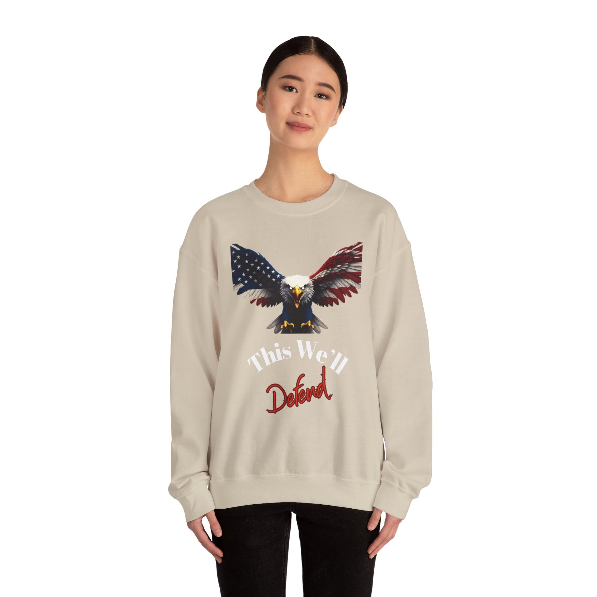 This We'll Defend Patriotic Eagle text on a Crewneck Sweatshirt