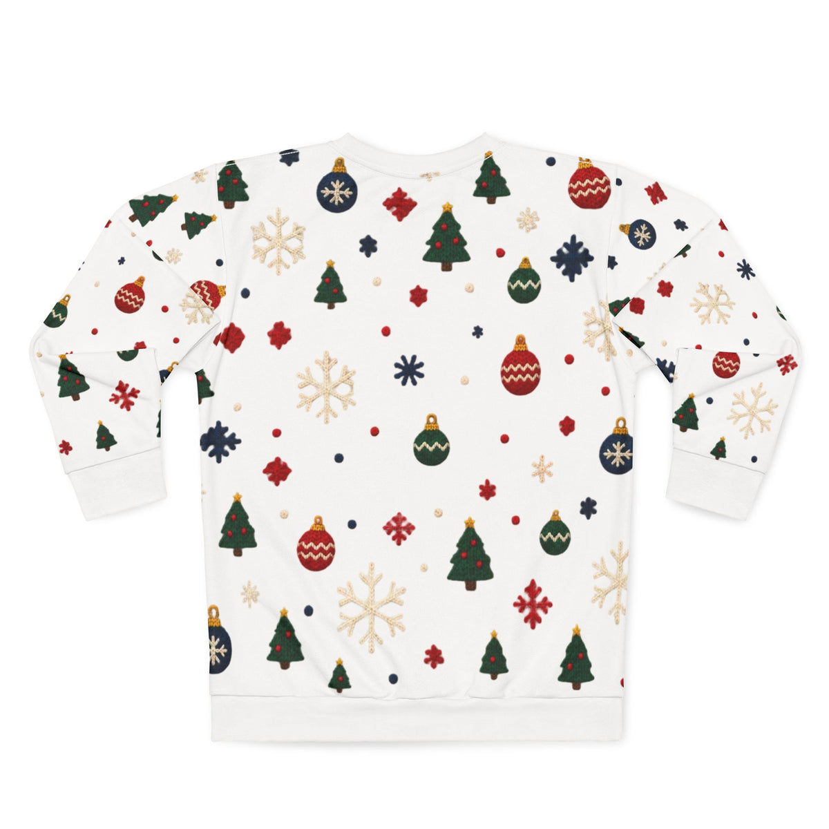 White sweatshirt with scattered Christmas trees, ornaments, and snowflakes.