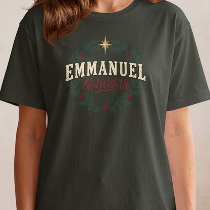 Dark green t-shirt with "EMMANUEL God With Us" text and Christmas wreath.