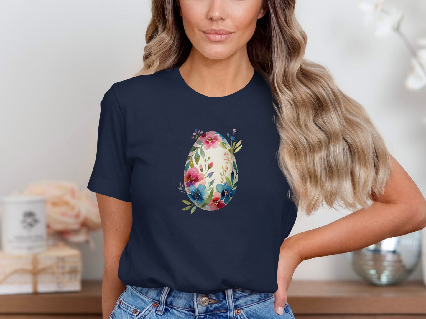 Dark Blue T-Shirt With Colorful Floral Egg Design