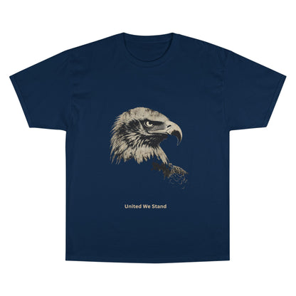United We Stand small font text below an eagle head on a Champion Tee