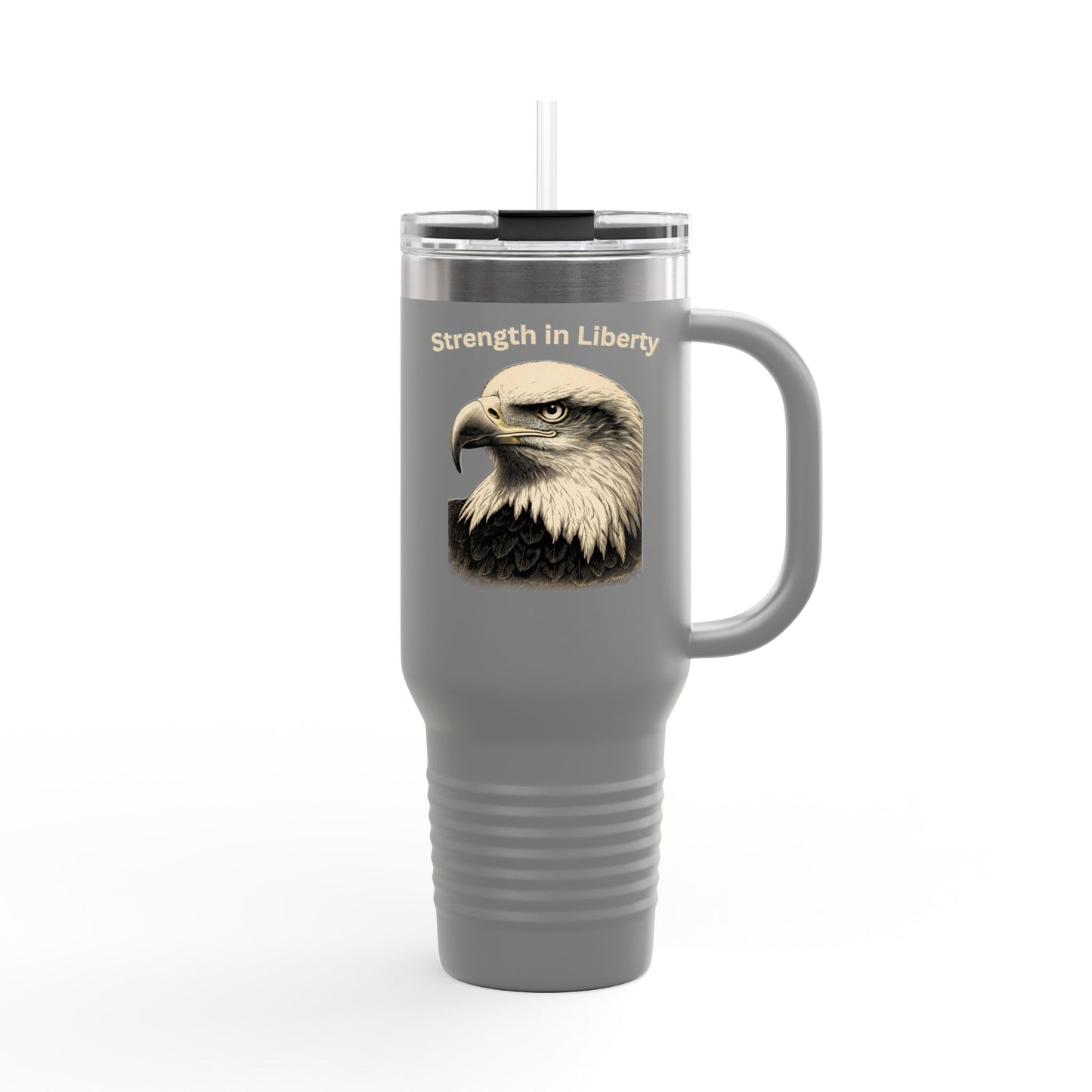Strength in Liberty text on the top of a  40oz Insulated Travel Mug
