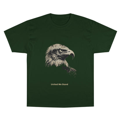 United We Stand small font text below an eagle head on a Champion Tee