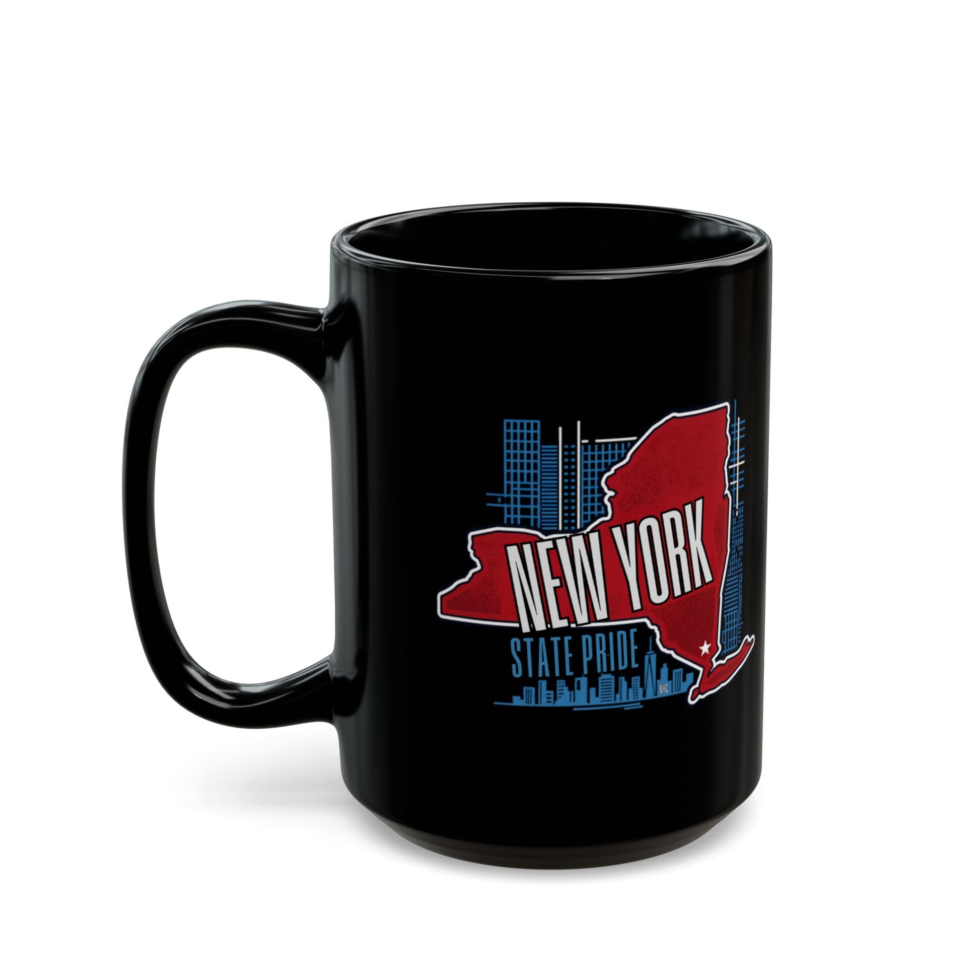 Black mug with New York state outline and skyline graphic.